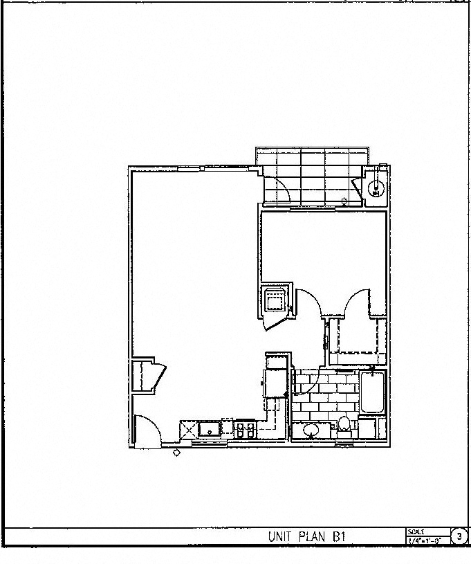 Floor plan for 1 bed, 1 bath, 886 sqft